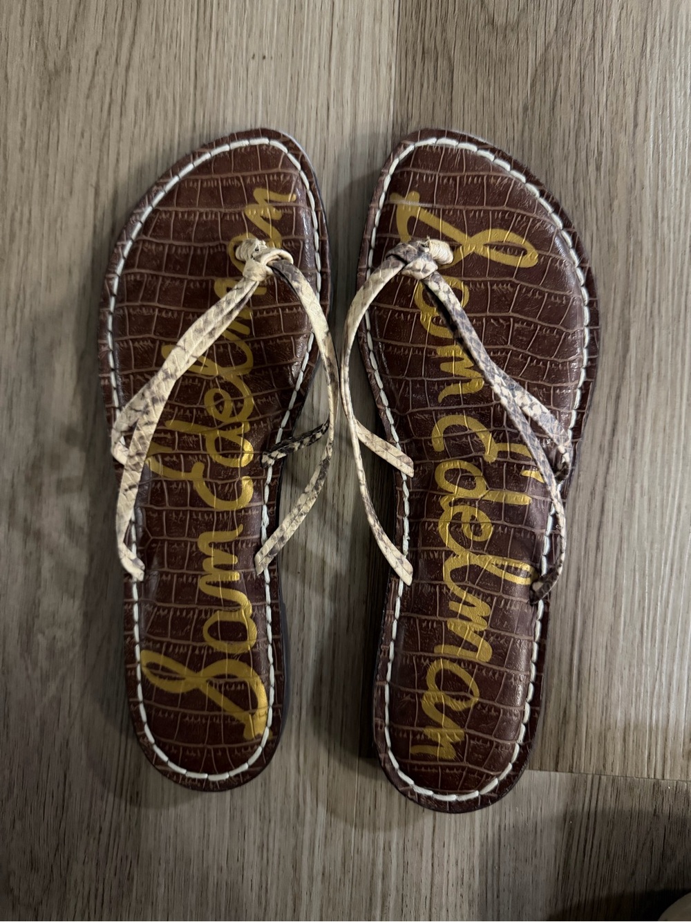 Sam Edelman Brown Croc-Textured Sandal with Cream Snake-Print Straps Size 7